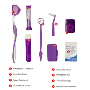 8Pcs/Set Orthodontic Care Kit Toothbrush Kit Dental Oral Care Cleaning Kits Dental Travel Kit with Portable Net Bag