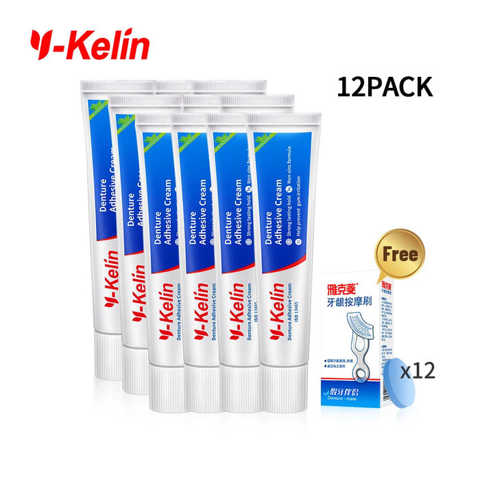 Hot Sale Y-Kelin Denture Care Adhesive Cream Strong Hold 40 Gram 12 Packs for Upper and Lower Secure Send A Gift