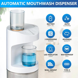 Automatic Mouthwash Dispenser Touchless 550mL Wall Mounted Mouth Wash Dispenser for Bathroom with Magnetic Cups for Adults Kids