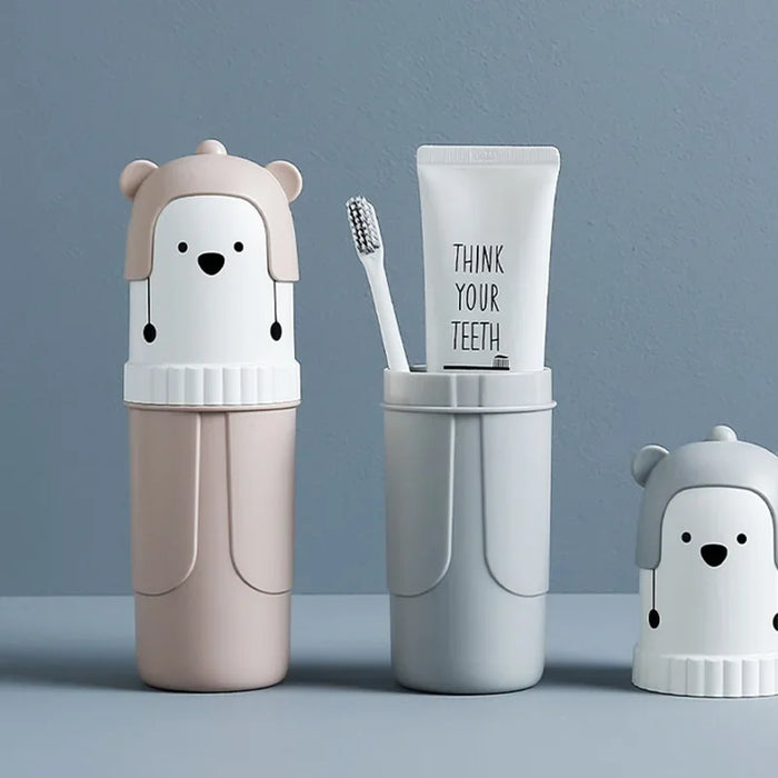 Portable Travel Cartoon Bear Mouthwash Cups Multifunction Storage for Toothbrush Case Container Supplies for Children Girls Boys