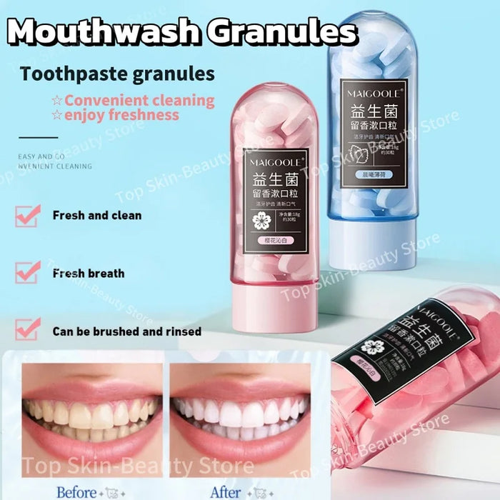 Probiotic Solid Toothpaste Mouth Freshener Oral Remove Odor Breath Lasting Oral Fresh White peach Morning Sun Mint 30 Capsules