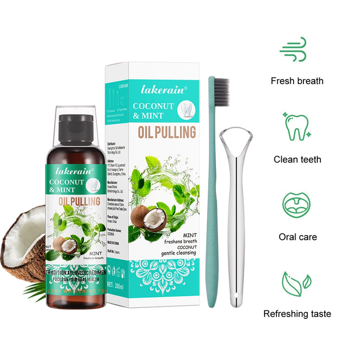 60/100/200/250ml Coconut Mint Pulling Oil Mouthwash Alcohol-free Teeth Whitening Fresh Oral Breath Tongue Scraper Set Mouth Heal