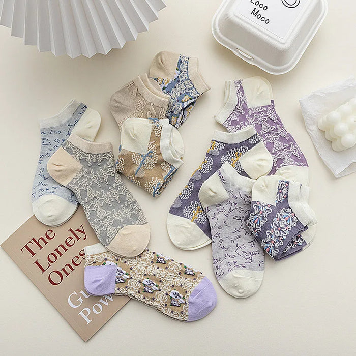 5 Pairs Retro Palace Style Summer Women Socks Thin Cotton Shallow Mouth Boat Socks Sweet Floral Three-dimensional Relief Socks