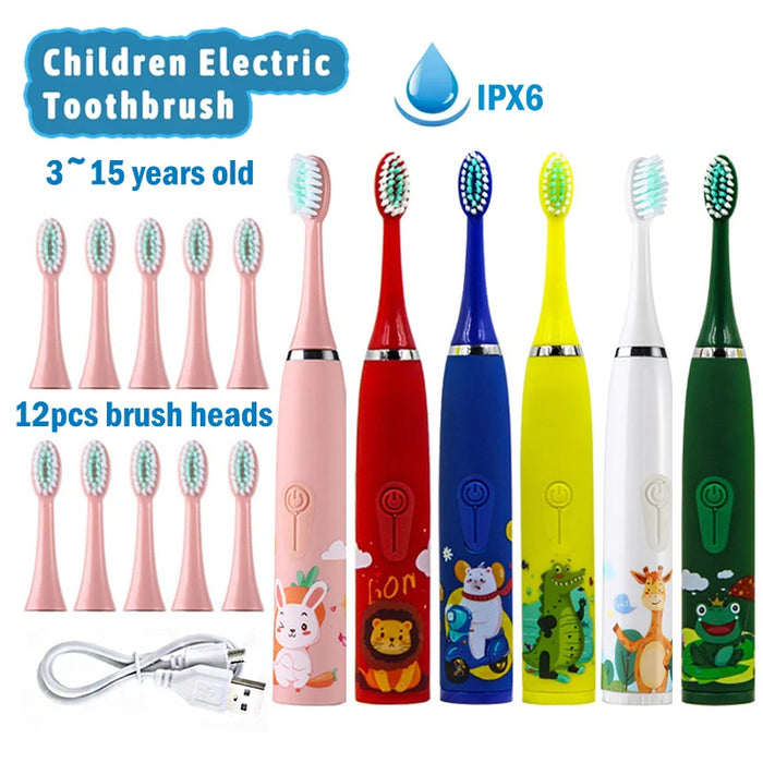 Children Sonic Electric Toothbrush Cartoon Kids With 12pcs Replacement Brush Head Soft Fur Automatic Waterproof Cleaning Brush