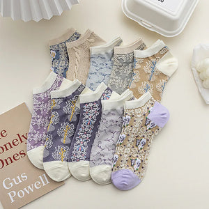 5 Pairs Retro Palace Style Summer Women Socks Thin Cotton Shallow Mouth Boat Socks Sweet Floral Three-dimensional Relief Socks