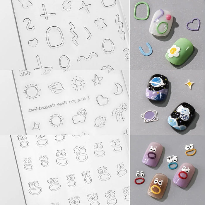 Quirky Cute Eye Mouth Stars Sun Moon Planet 3D Reliefs Silicone Nail Accessories Lovely Manicure Carving Mold Mould DIY Template