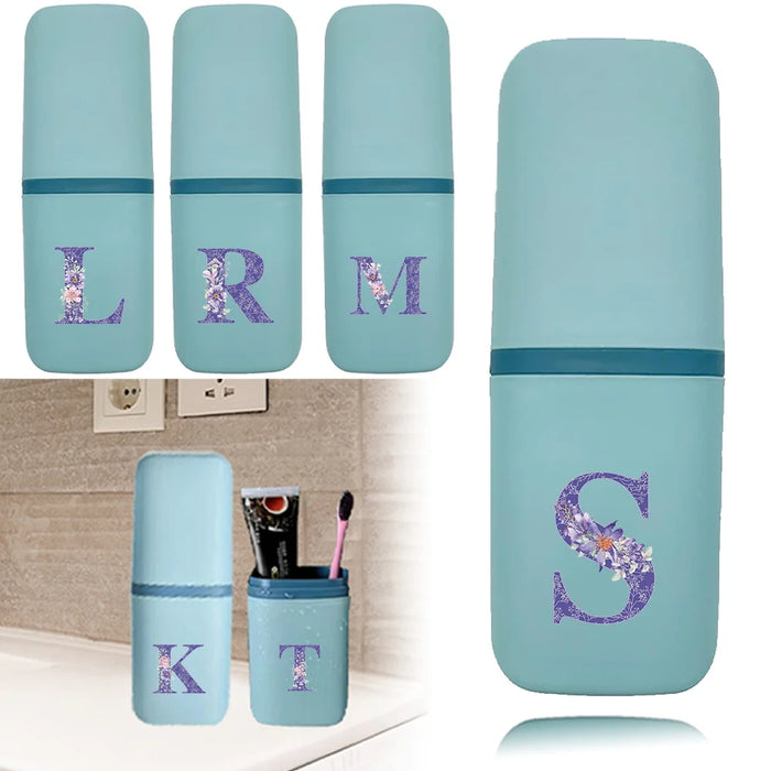 Toothbrush Case Portable Detachable Organizer Box Mouthwash Cup Travel Toothbrush Storage Container Purple Flower Letter Pattern