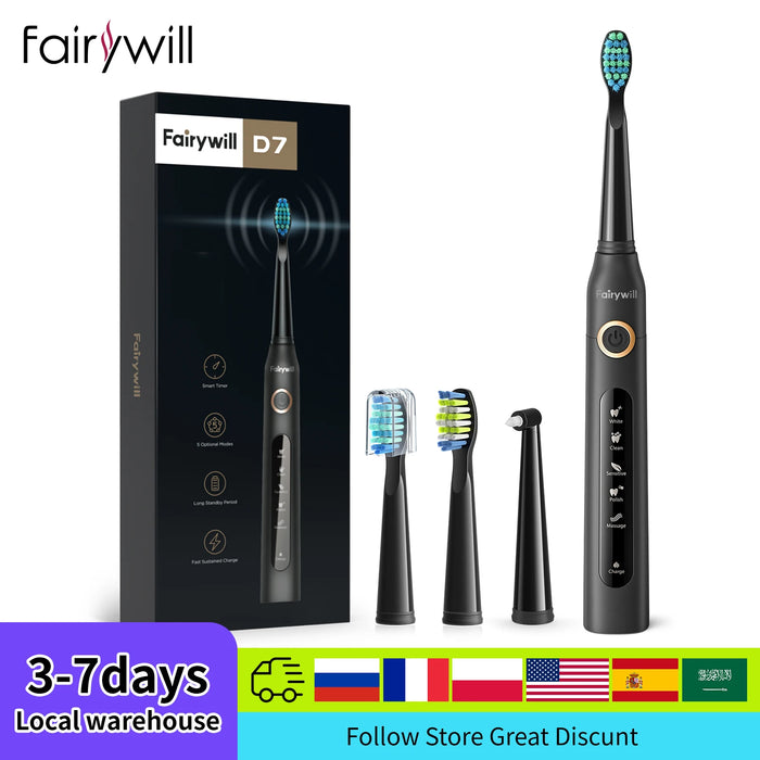 Fairywill D7 Sonic Electric Toothbrushes for Adults Kids 5 Modes Smart Timer Rechargeable 8 Super Whitening Toothbrush Heads