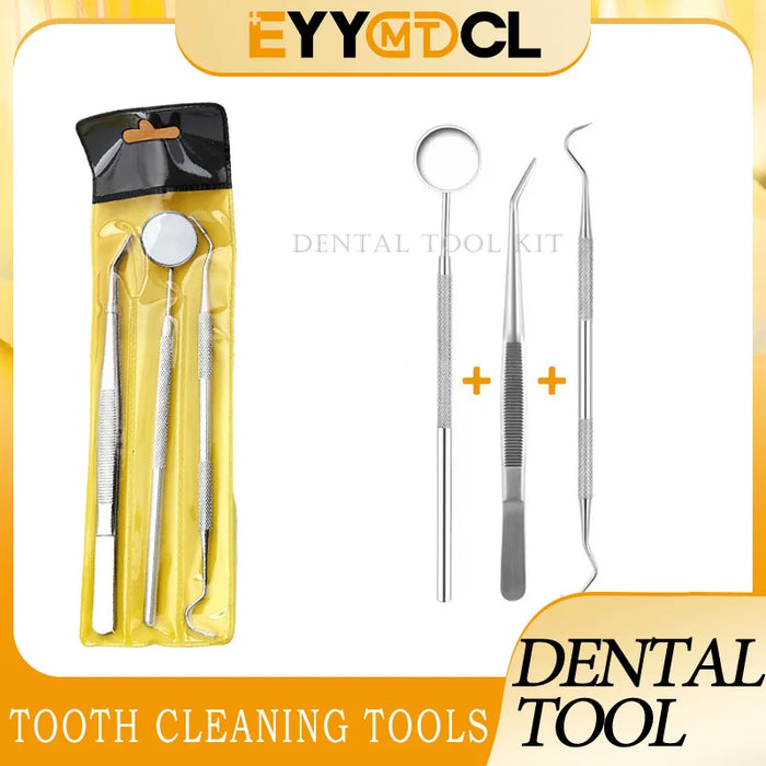 3pcs Stainless Steel Dental Tool Dental Mouth Mirrors Cleaning Tools Mirror Double Probe Sickle /Hoe Tooth Oral Care Kit Dentist