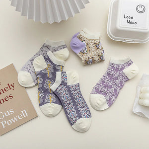 5 Pairs Retro Palace Style Summer Women Socks Thin Cotton Shallow Mouth Boat Socks Sweet Floral Three-dimensional Relief Socks