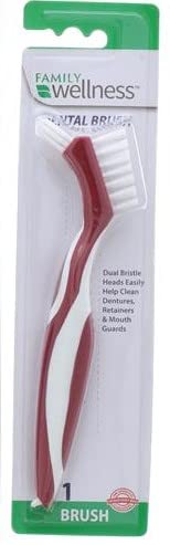 Family Wellness Denture Cleaning Brush, Dual Bristle Heads, with Deep Clean Pick, Assorted Colors