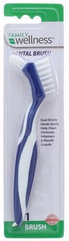 Family Wellness Denture Cleaning Brush, Dual Bristle Heads, with Deep Clean Pick, Assorted Colors