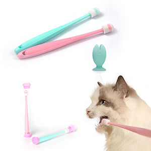 E.M&S.T by Emmeliestella Small Dog & Cat Toothbrush 360 Degree Soft Silicone, Cat Dental Care, Toothbrush Holder, Easy to Handle, Independent Packaging, Extra Suction Cup, Light Blue&Light Pink 3PCS
