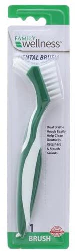 Family Wellness Denture Cleaning Brush, Dual Bristle Heads, with Deep Clean Pick, Assorted Colors