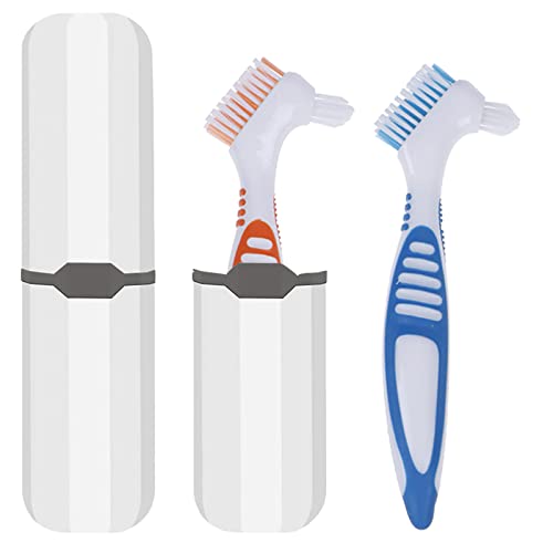 Denture Brush, 2 Pieces False Teeth Toothbrush with White Carrying Case, Multi-Layered Bristles Ergonomic Rubber Handle for False Teeth Cleaning