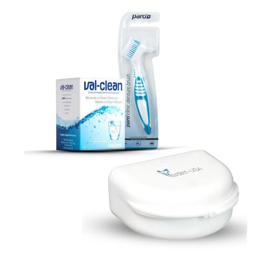 Val Clean Basic Kit Paro Clinic Denture Brush, Val Clean Denture Cleaner 12 Packet for 1 Y ...