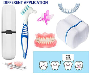 Denture Bath Cases with Denture Cleaner Brushes Denture Cups Denture Boxes Bath Dentures Container with Basket Denture Holder Denture Brush Retainer Case for Travel Retainer Cleaning (Blue)