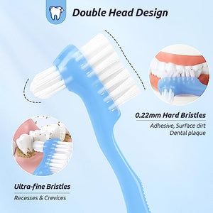 YCUS Hard Denture Cleaning Brush Toothbrush with Double Bristle Heads (4 Pcs) Heavy Duty, Multi-Layered Bristles, Portable Design,Ergonomic Anti-Slip Handle,Perfect for Deep Cleaning Care