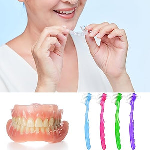 4 Pieces Denture Brush, Small Toothbrush for Dentures, Multi-Layered Bristles Ergonomic Rubber Handle for False Teeth Cleaning