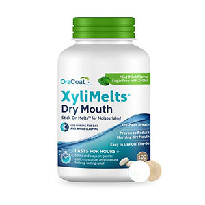 OraCoat XyliMelts Dry Mouth Relief Moisturizing Oral Adhering Discs Mild Mint with Xylitol, For Dry Mouth, Stimulates Saliva, Non-Acidic, Day and Night Use, Time Release for up to 8 Hours, 100 Count