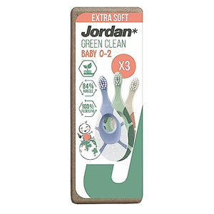 Jordan* ® | Step 1 Green Clean Toddler Toothbrush | Sustainable Baby Toothbrush 0-2 Years | Bio Based Extra Soft bristles, 84% Recycled Handle, Soft Biting Ring | Mixed Colors | Pack 3 Units