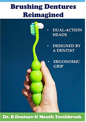Dr. B Dental Solutions Ergonomic Denture Toothbrush Extra Soft Bristles, Removes Stains & Odor Precision Design for Implants & Overdentures Single Blue Pack