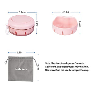 Leak Proof Denture Cup Kit Portable Retainer Case Perfect for Travel, Denture Case Container Cleaning Care for Dentures Aligner Mouth Guard with Denture Brush, Strainer, Removal Tool and Mirror（Pink）