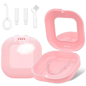 Retainer Case with Mirror and Vent Holes, Cute Retainer Holder Case Compatible with Invisalign, Aligner and Night Guard Case, Slim Retainer Case with Retainer Removal Tool, Chewies & Brush (Pink)