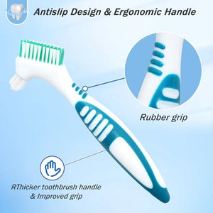Liayozl Denture Brush Set with Cover, Cleaning Brush Double Sided Denture Toothbrush, Rubber Anti-Slip Handle, Denture Care False Teeth Cleaner Tool (2Brushes & 2Covers)