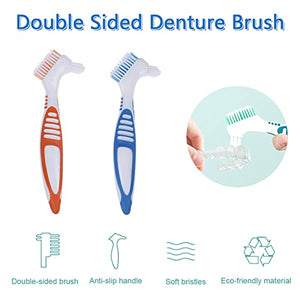 Denture Brush, 2 Pieces False Teeth Toothbrush with White Carrying Case, Multi-Layered Bristles Ergonomic Rubber Handle for False Teeth Cleaning