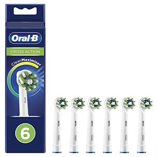 Oral-B Cross Action Electric Toothbrush Head with CleanMaximiser Technology, Angled Bristles for Deeper Plaque Removal, Pack of 6 Toothbrush Heads, White