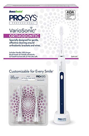PRO-SYS VarioSonic Orthodontic for Braces, Dentures, Dental Implants Electric Toothbrush, Extra Soft Replacement Dupont Brush Heads, Rechargeable Power ADA Accepted Smart Sonic Toothbrush with Timer