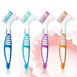 Bvcewilty Denture Brush 4PCS Denture Toothbrushes，Cleaning Brush Double Sided Toothbrush with Multi-Layered Bristles and Rubber Anti-Slip Handle - for Denture Cleaning Care (Green,Purple,Blue,Orange)