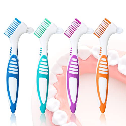 Bvcewilty Denture Brush 4PCS Denture Toothbrushes，Cleaning Brush Double Sided Toothbrush with Multi-Layered Bristles and Rubber Anti-Slip Handle - for Denture Cleaning Care (Green,Purple,Blue,Orange)