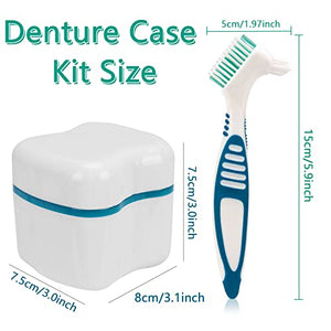 Denture Cleaner Box and Brush Set - 2 Pack Denture Bath Case with Basket + 2 Pack Denture Brush, Portable Denture Retainer Storage Box, False Teeth Brushes for Oral Care (Green and Dark blue)