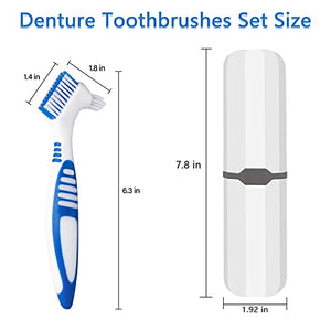 Denture Brush, 2 Pieces False Teeth Toothbrush with White Carrying Case, Multi-Layered Bristles Ergonomic Rubber Handle for False Teeth Cleaning