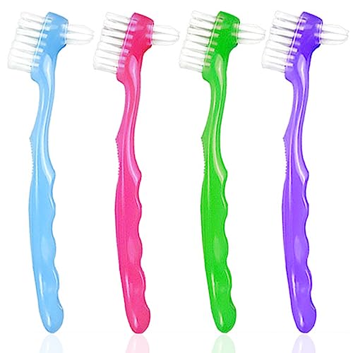 4 Pieces Denture Brush, Small Toothbrush for Dentures, Multi-Layered Bristles Ergonomic Rubber Handle for False Teeth Cleaning