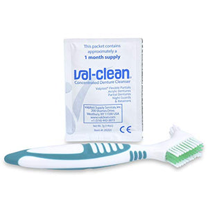 Val-Clean Concentrated Denture Retainer Partials and Night Guard Cleaner Powder BUNDLED with Denture Cleaning Brush AND Handy Denture Care Reference Card