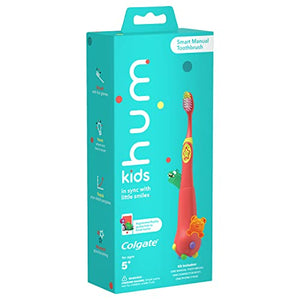 Colgate hum Smart Manual Kids Toothbrush, hum Kids Toothbrush With Phone Stand, App Makes Brushing Fun, Child-Size Brush Head With Extra Soft Bristles, Coral