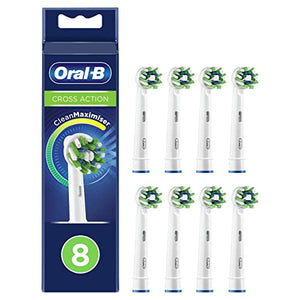 Oral-B Cross Action Electric Toothbrush Head with CleanMaximiser Technology, Angled Bristles for Deeper Plaque Removal, Pack of 8 Toothbrush Heads, Suitable for Mailbox, White