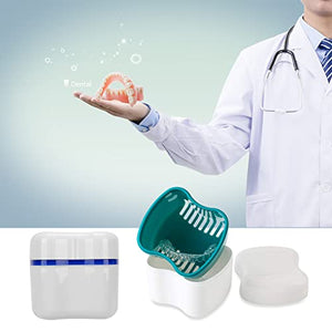 Denture Cleaner Box and Brush Set - 2 Pack Denture Bath Case with Basket + 2 Pack Denture Brush, Portable Denture Retainer Storage Box, False Teeth Brushes for Oral Care (Green and Dark blue)