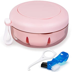 Leak Proof Denture Cup Kit Portable Retainer Case Perfect for Travel, Denture Case Container Cleaning Care for Dentures Aligner Mouth Guard with Denture Brush, Strainer, Removal Tool and Mirror（Pink）