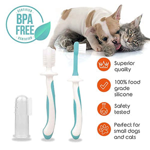 3 Piece Dog Toothbrush Kit - Dog Finger Toothbrush, Double-Sided Toothbrush, and Small Doggie Toothbrush - Freshen Breath & Remove Plaque Build-Up with this Cat Toothbrush and Puppy Toothbrush Set