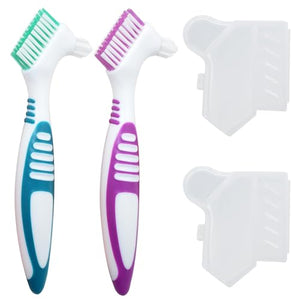 Liayozl Denture Brush Set with Cover, Cleaning Brush Double Sided Denture Toothbrush, Rubber Anti-Slip Handle, Denture Care False Teeth Cleaner Tool (2Brushes & 2Covers)