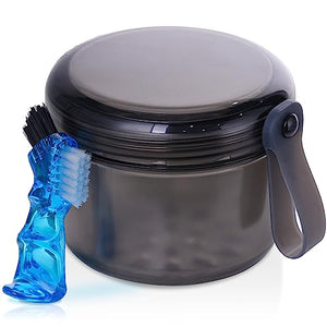 Denture Case, Leak Proof Denture Bath Cup for Travel, Denture Container Cups for Soaking Full & Partial Dentures, Retainers, Denture Cleaning Kit Holder Box with Denture Cleaner Brush-Transparent Grey