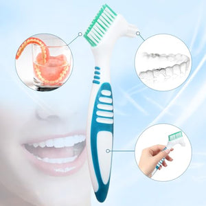 Liayozl Denture Brush Set with Cover, Cleaning Brush Double Sided Denture Toothbrush, Rubber Anti-Slip Handle, Denture Care False Teeth Cleaner Tool (2Brushes & 2Covers)