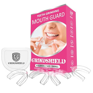 GRINDSHIELD Small Mouth Guard for Teeth Grinding – Custom Fit, Non-Bulky, Moldable – (4) Guards for Teeth Clenching & Case – Smaller Mouth Nightguard for Bruxism at Night, Professional Dental Guard