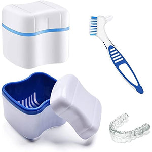 BTwood - Denture Bath Kit - Includes 2 Denture Bath Cups + 2 Denture Cleaner Brushes + 2 Strainer Baskets - Ideal for Dentures, Retainers & Mouthguards, 1.0 Fl Oz