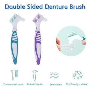 Denture Brush, 2 Pieces False Teeth Toothbrush with White Carrying Case, Multi-Layered Bristles Ergonomic Rubber Handle for False Teeth Cleaning