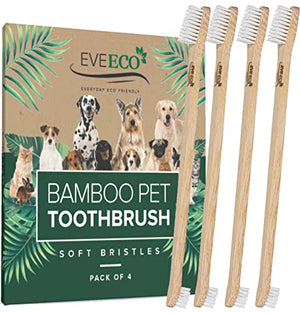 EveEco 4-Pack Bamboo Dog & Pet Toothbrushes - 2 Brush Heads Large & Small with Extra Long 8.5" Use with Toothpaste to Eliminate Cavities, Bad Breath, Tartar for Puppies, Cats, Kittens